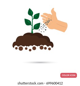 Putting fertilizer to the agriculture crop color flat icon for web and mobile design