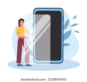 Putting glass on screen. Modern technologies and accessories for smartphone. Drop protection, reliability. Comfort and convenience. Gadget and device Innovation. Cartoon flat vector illustration
