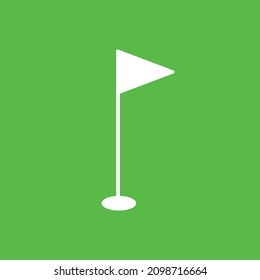 Icono de la bandera verde del golf. Bandera blanca de golf y palo sobre fondo verde. Objetivo y concepto de desafío. 