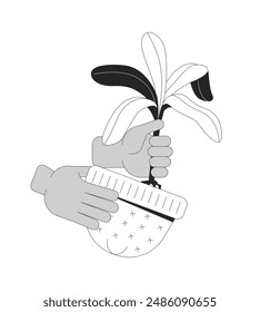 Putting houseplant into hat cartoon human hands outline illustration. Growing exotic plant in funny pot 2D isolated black and white vector image. Home garden flat monochromatic drawing