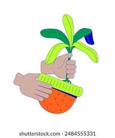 Putting houseplant into hat linear cartoon character hands illustration. Growing exotic plant in funny pot outline 2D vector image, white background. Home garden editable flat color clipart