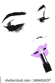 Putting make up on face. Put on lipstick make-up. Vector illustration