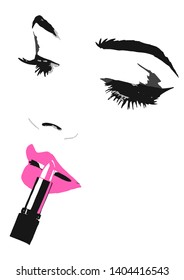 Putting make up on face. Put on lipstick make-up. Vector illustration