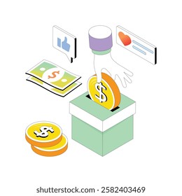 Putting Money In Charity Box vector Gradient isometric Style illustration. Eps 10 File
