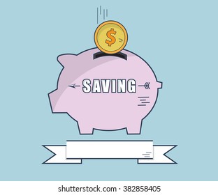 Putting Money Coin Into Piggy Bank Flat Design Vector Illustration