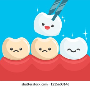 Putting New Veneer on Cartoon Sad Tooth. Funny Teeth Characters on Gum and Veneer Dental Restoration Vector Illustration