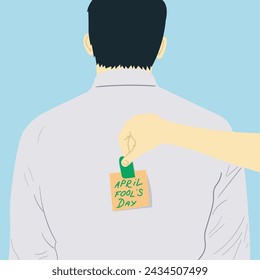 putting note with april fools day lettering on males back, april fools day concept vector.