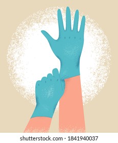 Putting on blue protective latex gloves on human hands. Coronavirus prevention concept., Protection against Covid-19, viruses and bacteria. Flat vector illustration isolated on abstract background