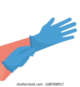 Putting on gloves. Protective latex blue gloves. Symbol of protection against viruses and bacteria. Precaution icon. Vector illustration flat design. Isolated on white background.