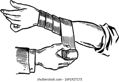 Putting on a spiral bandage are used in first aid, vintage line drawing or engraving illustration.