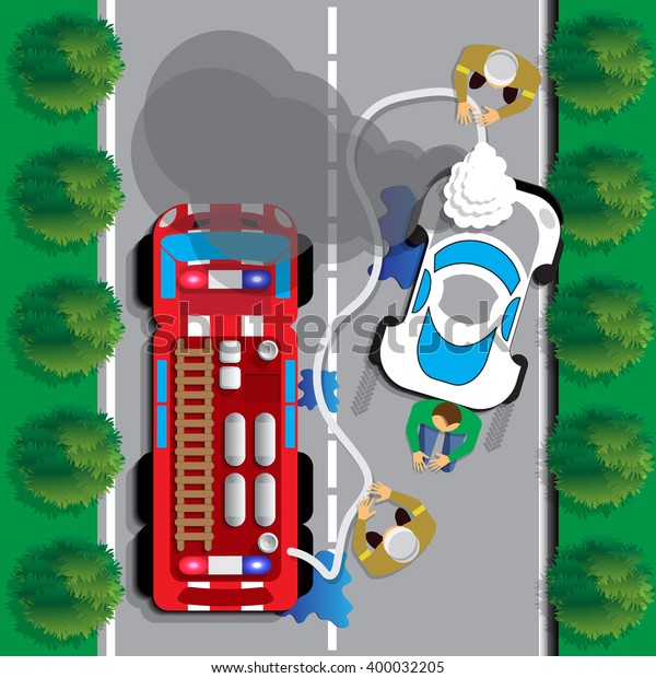 Putting out a fire in a car. View\
from above. Vector illustration. Applique with realistic\
shadows.