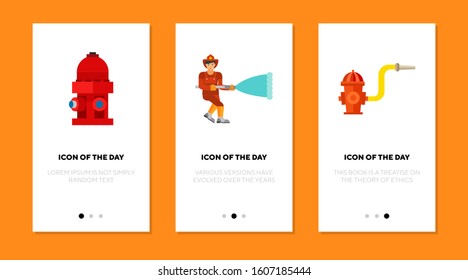 Putting out fire flat vector icon set. Fire hydrant, fireman, fire safety isolated sign pack. Fire control and protection concept. Vector illustration symbol elements for web design and apps.