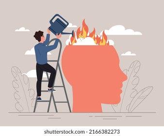 Putting out fire in head. Guy on stairs with watering can on abstract silhouette. Psychological help, calmness and support. Mental health and caring for others. Cartoon flat vector illustration