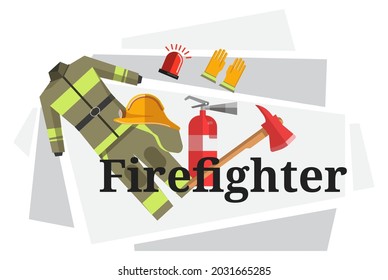 Apagar el fuego con ayuda de equipos, herramientas y uniforme especial para los bomberos. Ropa protectora con pantalones y top, casco y hacha con asa de madera. Vector en ilustración de estilo plano