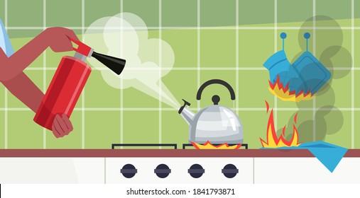 Putting out fire in kitchen table semi flat vector illustration. Kettle boiling. Hand fire-extinguisher using. Preventing cookhouse fire accident 2D cartoon scene for commercial use