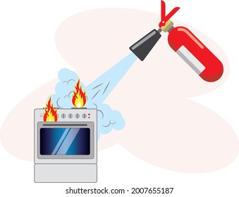 Poniendo una estufa de gas con un extintor. Imagen de un proceso de extinción de incendios. Diseño plano.