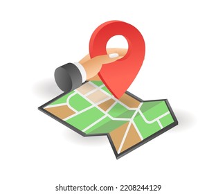 Putting a pin for a map location in isometric flat illustration