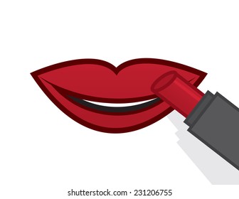 Putting red lipstick on lips 