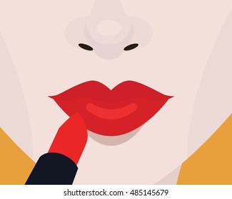 Putting red lipstick on lips, beauty concept.