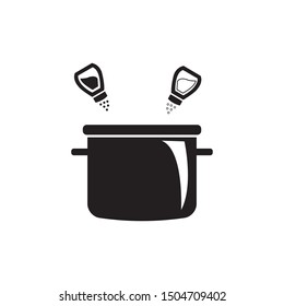 Putting salt and pepper into a pot or saucepan with soup vector icon