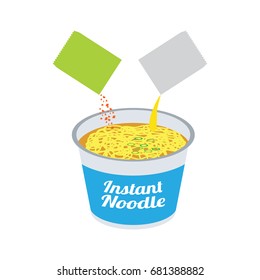 putting sauce and spice on instant noodle soup in cup packaging. vector illustration