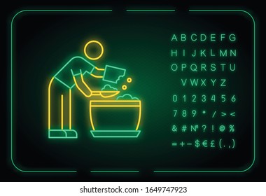 Putting soil into flower pot neon light icon. Planting preparation stage. Indoor gardening. Outer glowing effect. Sign with alphabet, numbers and symbols. Vector isolated RGB color illustration