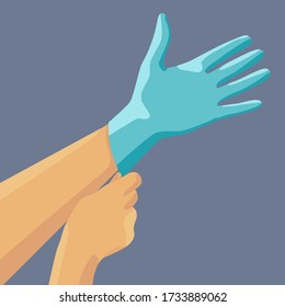 Putting surgical gloves on grey backdrop. Latex medical gloves for social banner, web element, health care promo, medical poster. Chemist shop logo or info card. Flat style stock vector illustration