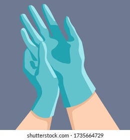 Putting surgical gloves on grey backdrop. Medical latex gloves for social banner, web element, health care promo, medical poster. Chemist shop logo or info card. Flat style stock vector illustration