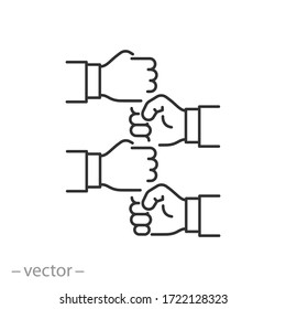 putting their fist on top of each other icon, building teamwork company, collaboration business group, employees together, thin line web symbol on white background