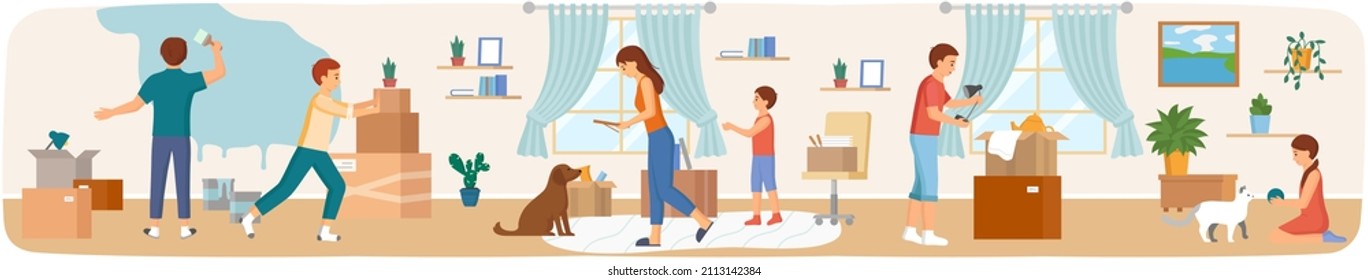 Putting things in cardboard boxes, change of place of residence. Rental of premises concept. Men and women settle down in new house. People decorate and make repairs in new apartment after moving