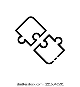Putting together puzzles line icon. One puzzle, problem solving, creative thinking, inspiration, teamwork, riddle, jigsaw puzzle. Vector black line icon on a white background
