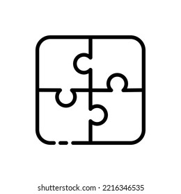 Juntando el icono de la línea de rompecabezas. Rompecabezas doblados, resolución de problemas, pensamiento creativo, inspiración, trabajo en equipo, acertijo, rompecabezas. Icono de línea negra del vector en fondo blanco