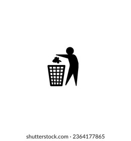 Putting trash.Pictogram illustration of a stick person putting a piece of paper in a trash can.Tidy man vector icon. Do not litter symbol.  Ecological consciousness concept. Vector image.