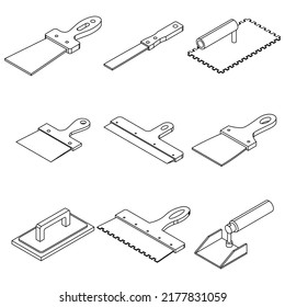 Putty-Messer-Symbole gesetzt. Isometrischer Satz von putty-Messer-Vektorsymbole dünnen Linie Umriss auf Weiß einzeln einzeln auf weiß