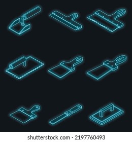 Putty knife icons set. Isometric set of putty knife vector icons neon color on black