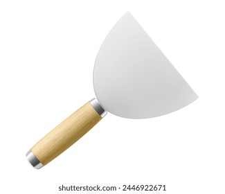 Putty knife isolated on a white background. Plaster spatula with stainless steel blade. Construction, Building tool. Spackling instrument. Spatula for finishing work. Realistic 3d Vector illustration.