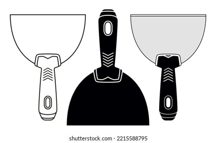 Putty Knife Set. Outline, Silhouette and Monochrome Drywall Trowel. Repair Tool Sign