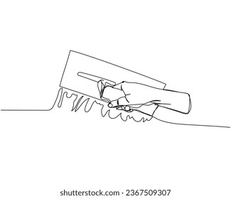 Muros de puteo, muros de nivelación, trowel de acero rectangular profesional de una línea de arte. Dibujo continuo de línea de reparación, profesional, manual, personal, concepto, soporte, mantenimiento.