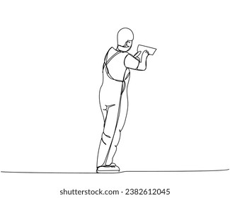 Puttying walls, leveling walls, worker in uniform, spatula, Steel Trowel, painter-plasterer one line art. Continuous line drawing of repair, professional, hand, people, concept, support, maintenance.