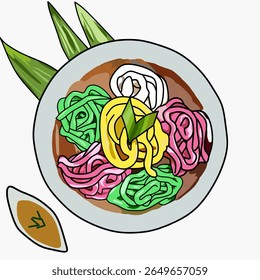 Putu Mayang is an Indonesian sweet coconut-flavored noodle-shaped cake.