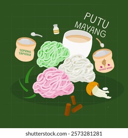 Putu mayang vector illustration. Indonesian dessert recipe. Asian cuisine infographic. Culinary art for food poster.