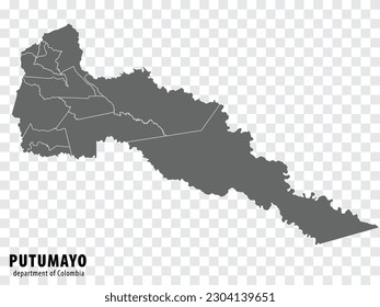 Putumayo Department of Colombia map on transparent background. Blank map of  Putumayo  with  regions in gray for your web site design, logo, app, UI. Colombia. EPS10.