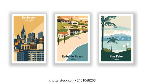 Puu Pehe, Hawaii, Redondo Beach, California, Rochester, New York - Vintage travel poster. Vector illustration. High quality prints