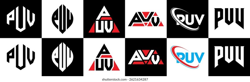 PUV letter logo design in six style. PUV polygon, circle, triangle, hexagon, flat and simple style with black and white color variation letter logo set in one artboard. PUV minimalist and classic logo