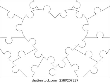 A puzzle with 14 parts. Contour. The central part of the puzzle is in the shape of a heart. Heart puzzle, background, photo, template, recreation, learning, motor skills