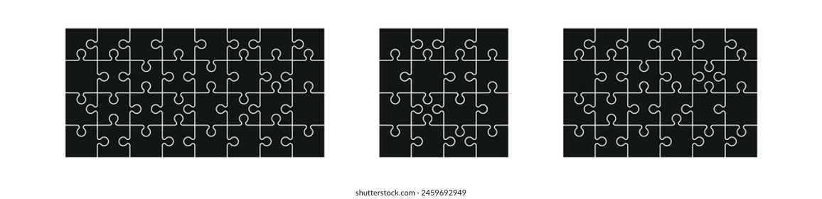 puzzle 16 ,24 and 32 pieces game template set. Jigsaw picture texture collection. Flat vector illustration isolated on white background.