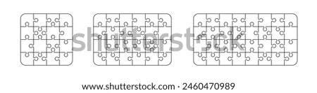 puzzle 16 ,24 and 32 pieces game template set. Jigsaw picture texture collection. Flat vector illustration isolated on white background.