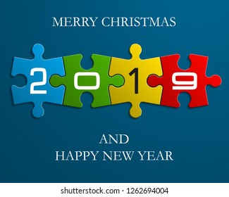 Puzzle 2019 happy new year banner presentation. Merry christmas puzzle  Vector 4 pieces puzzles illustration. Section compare holiday banner background