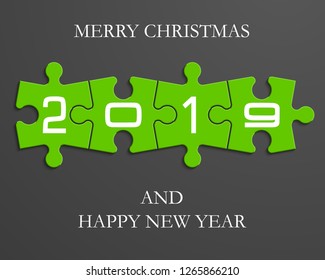 Puzzle 2019 happy new year banner presentation. Abstract puzzle infographic 2019 merry christmas text field business statistics. Vector pieces puzzles illustration