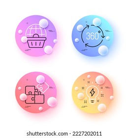 Puzzle, 360 degree and Online shopping minimal line icons. 3d spheres or balls buttons. Inspiration icons. For web, application, printing. Vector